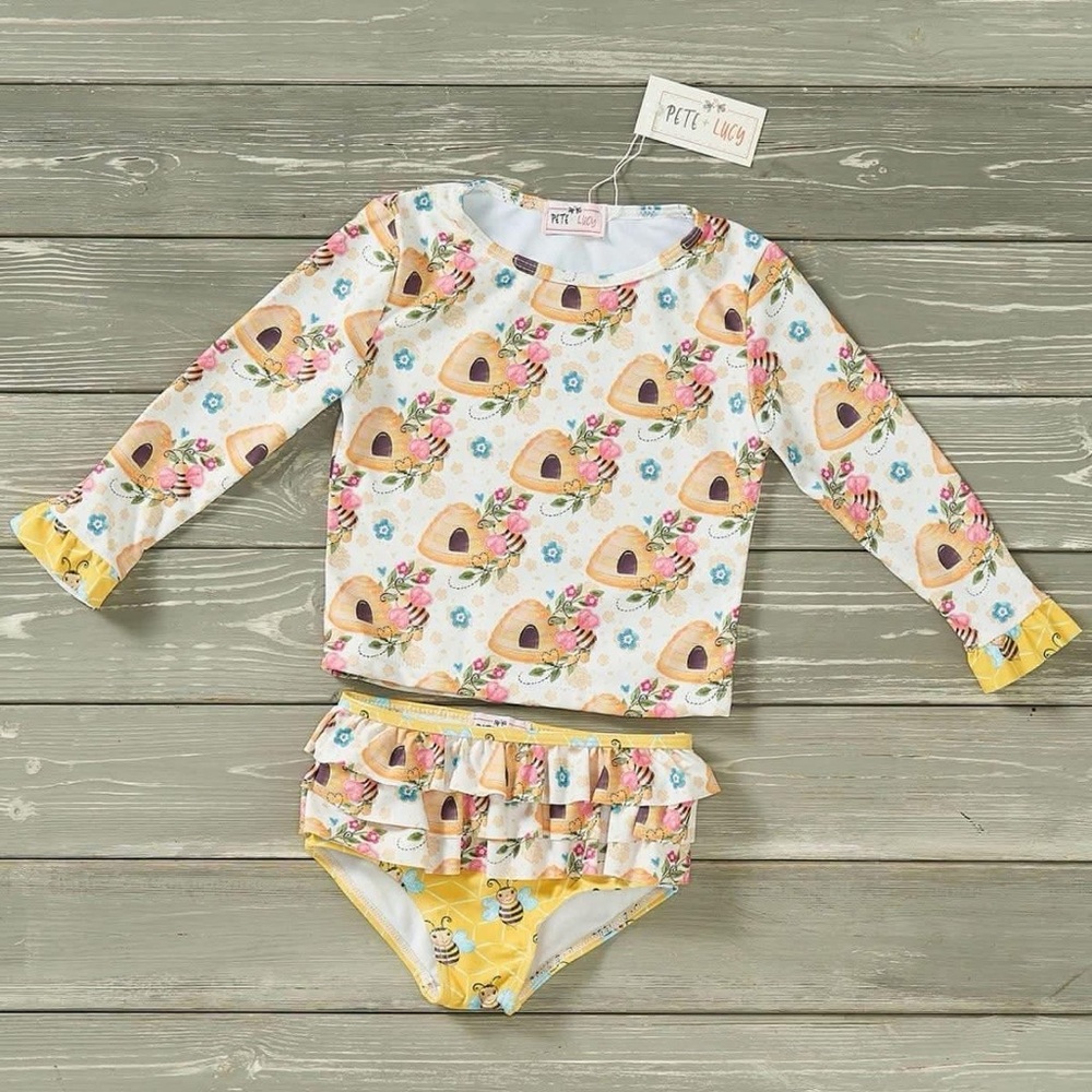 Yellow and White Floral Rashguard Swimwear